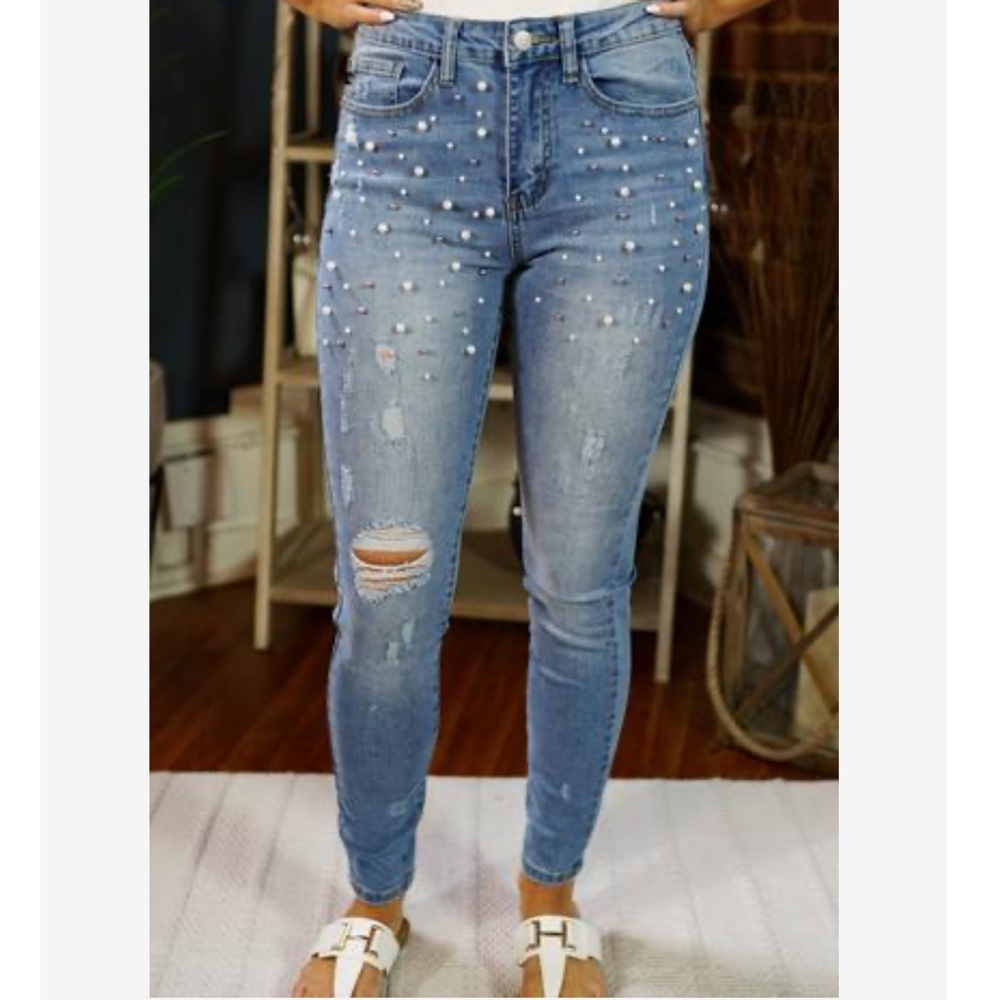 Pearl Studded Distressed High Waisted Denim Jeans